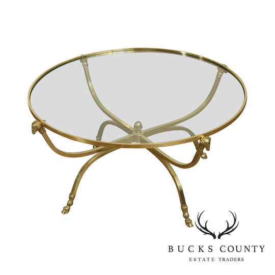 Directoire Style Vintage Brass, Round Glass Top Rams Head Hoof Foot Coffee Table