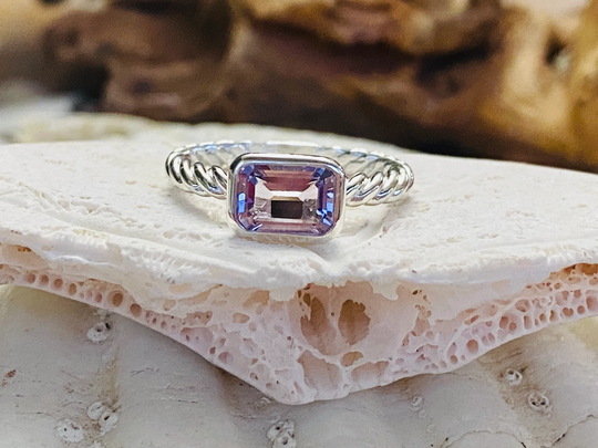 14K Rose De France Amethyst Ring, Emerald Cut 1.00Ct Twist East West Lavender