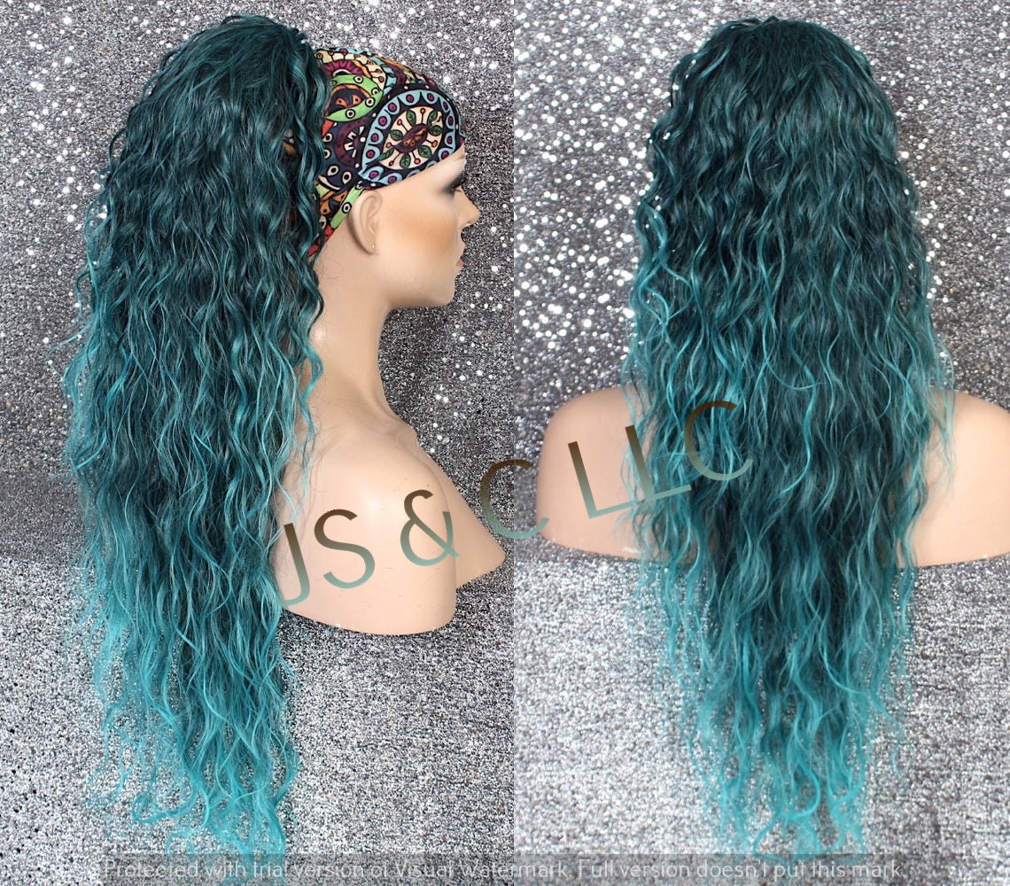 Aqua Blue Green Human Hair Blend Ponytail Piece Drawstring Extra Long Wavy Simply Put It On & Go Can Be Wrapped Around As A Bum