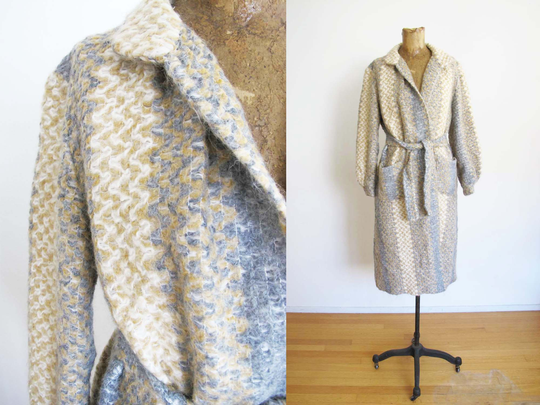 Vintage 70S Mohair Blend Coat S - 1970S Chevron Knit Beige Gray Belted Fuzzy Long Jacket Robe Neutral Earth Tone