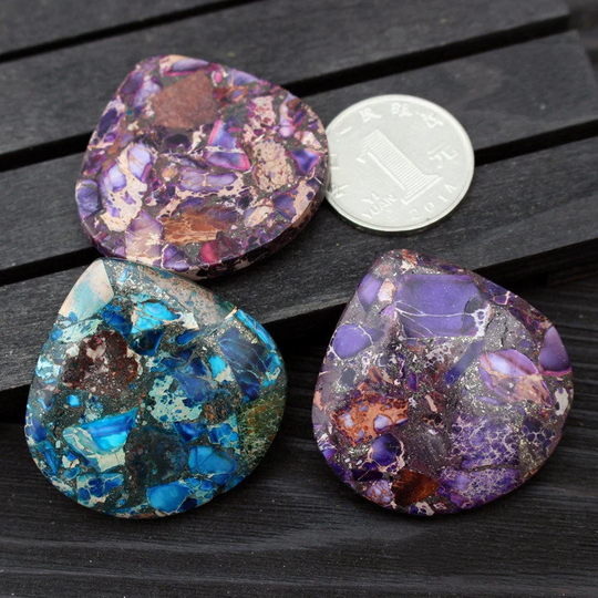 2Pcs 40x40mm Blue/Purple Sea Sediment Emperor Jasper, Fan-Shaped Water Drop Stone Accessories, Cabochon Pendant, Fashion Craft