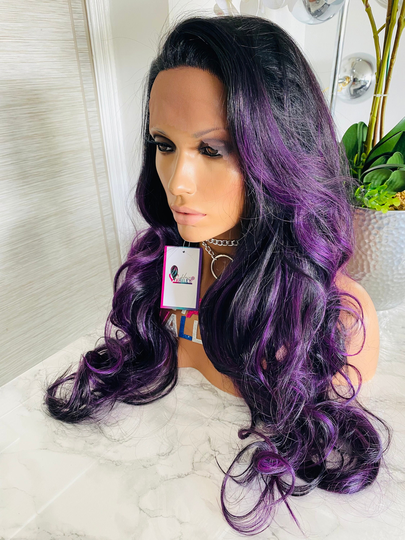 Purple Wig Human Hair Blend Lace Front Ombre Highlight Black Rooted Dip Dye Bob Alopecia Chemo Vegas Costumes Show