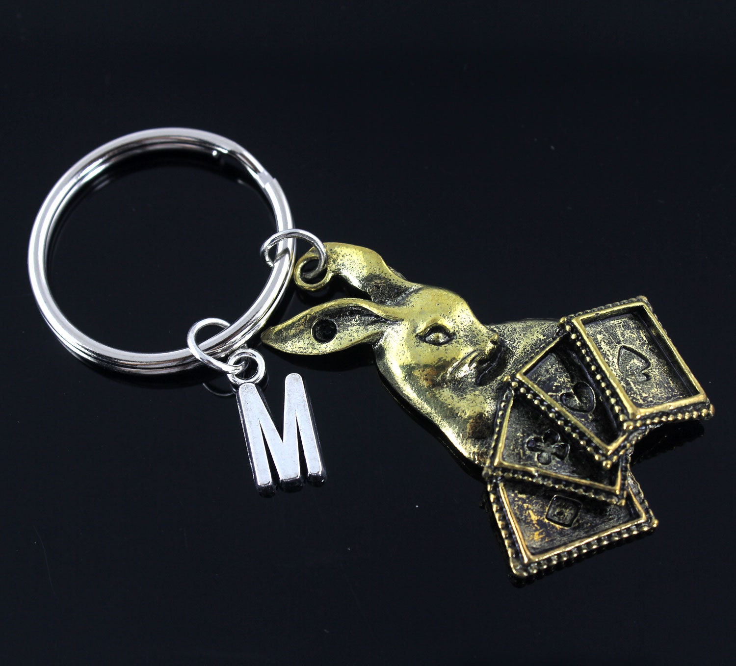 Playing Cards & Rabbit Keychain, Keyring, Initial Keychain, Poker Keychain, Animal Keychain, Farm Keychain, Pet Keychain
