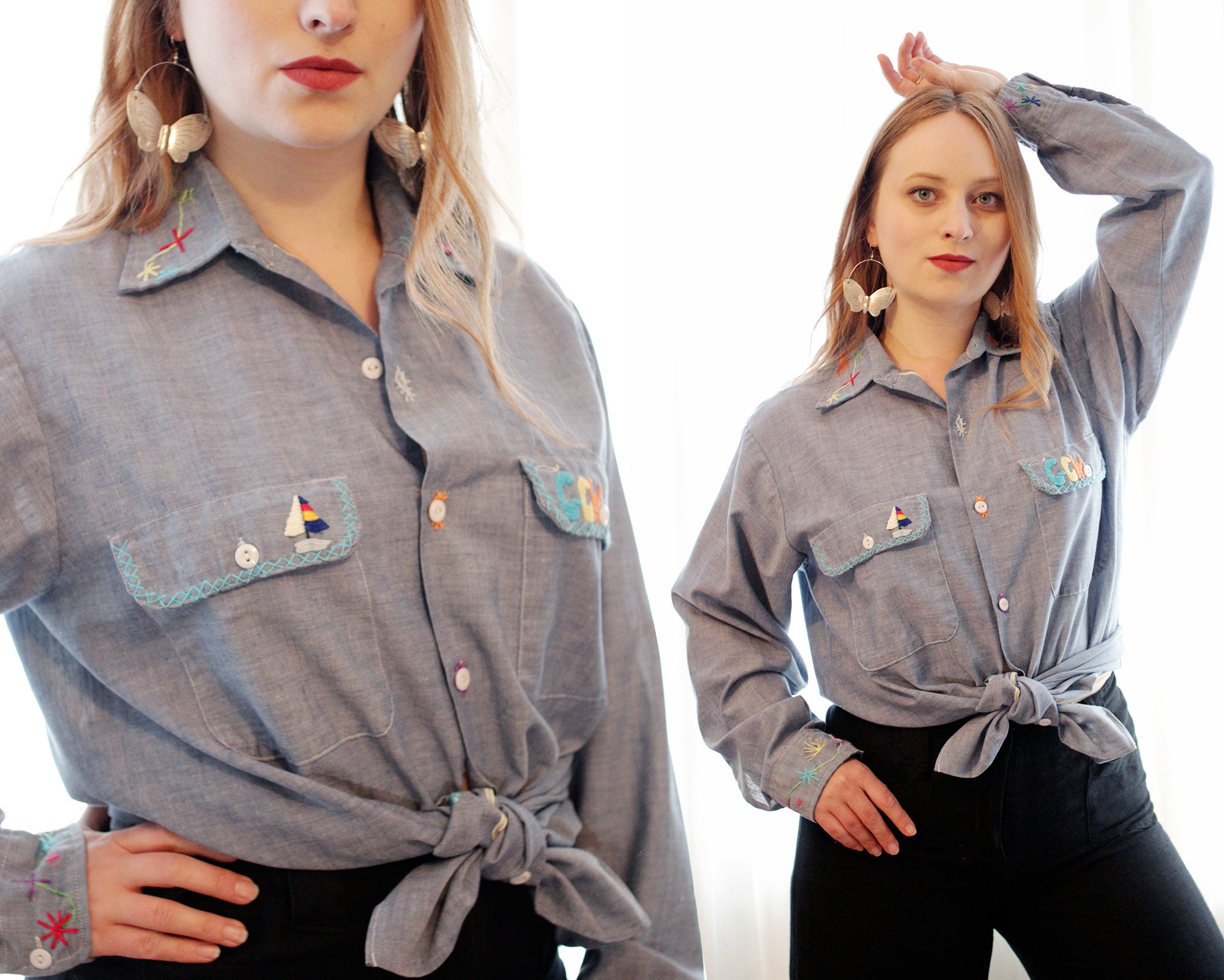 Vintage 1970 Chambray Blue Cotton Blend Button Up Collared Shirt With Colorful Hippie Folk Embroidery 70S