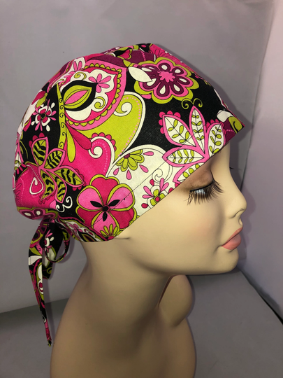 Tie Back Scrub Hat Modern Mod Flowers Crna Cnor Dr Surgical Skull Cap Surgeon Unisex