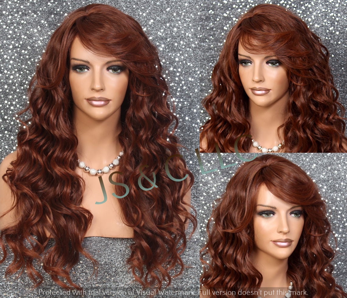 Dark & Red Auburn Human Hair Blend Wig Heat Ok Long Deep Waves Full Bangs Cancer Alopecia Theater Cosplay