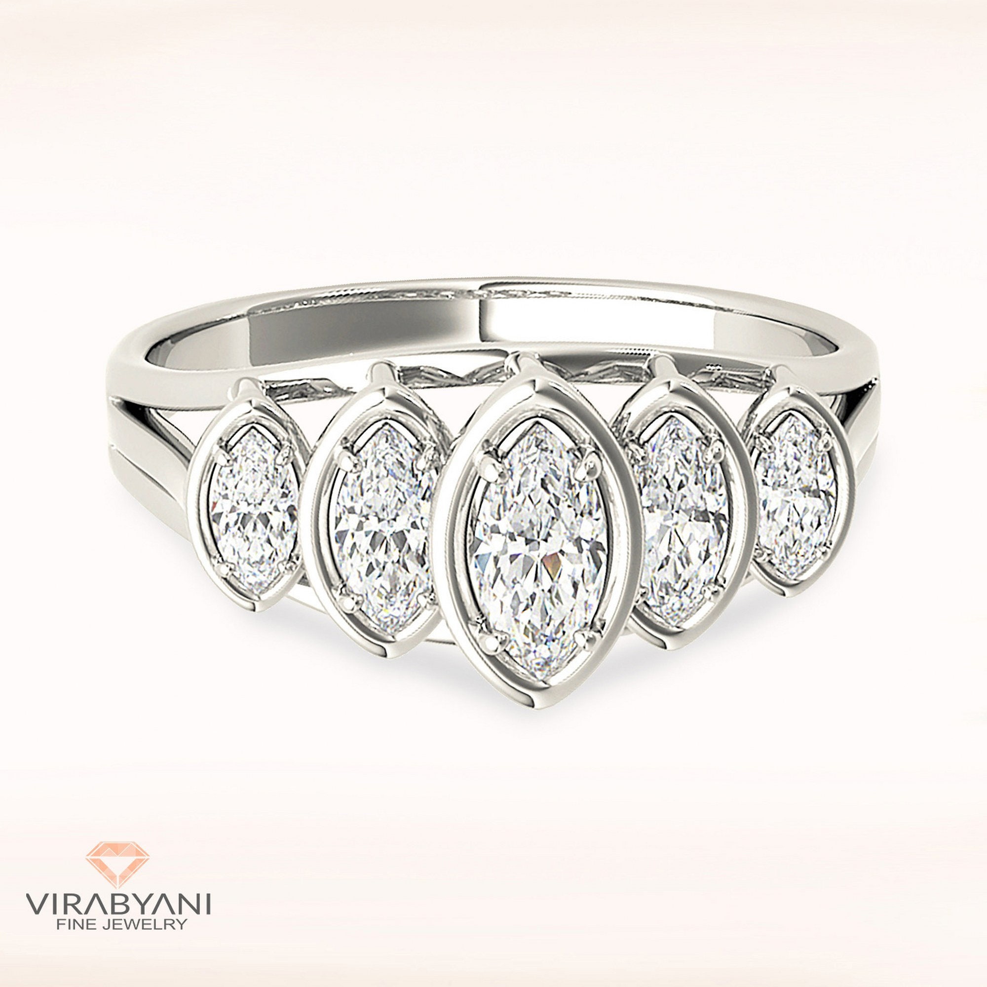0.75 Ctw Marquise Cut Diamond Wedding Band - 14K/18K Solid White Gold/Platinum | Bezel Set Anniversary Ring