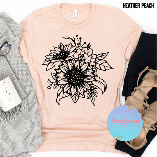 Floral Sunflower Shirt, For Flower Lovers, Boho Chic V-Neck Tee, Crew Neck Tee