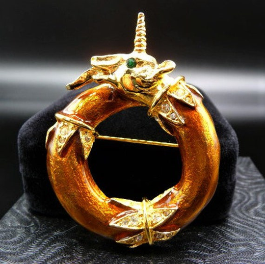 Alexis Kirk Ram Unicorn Brooch Circle Pin, Vintage Goat Head Fantasy Animal Brooch, Capricorn Zodiac Sign