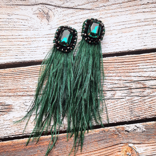 Real Ostrich Feather Earrings Green Color, Long Natural Feathers, Boho Bouquet, Ukraine Handmade, Customized, Personalized Gifts