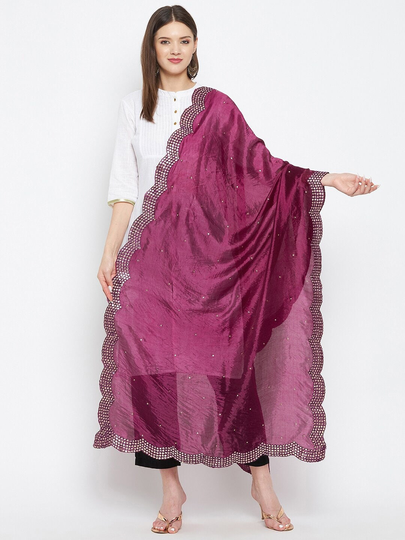Women's Silk Blend Violet Embroidered Dupatta With Sequinned Free Shipping