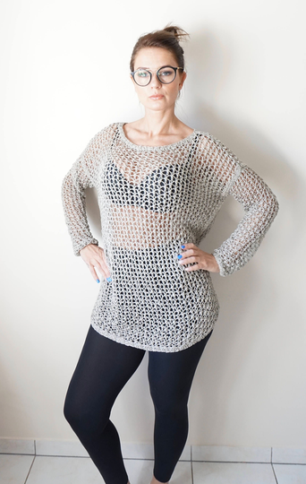 Summer Top/ Cotton Blend Oversize Pullover Slouchy Sweater /stone Grey /Sheer Pullover/ Loose Knit Tunic /Lana Grossa Yarn/ Ready To Ship