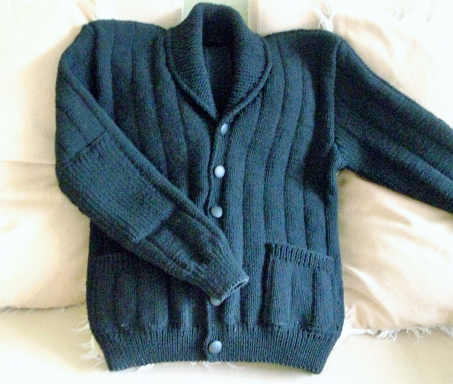 Hand Knit/Handmade Warm Wool Blend Shawl Collar Men's Sweater/Cardigan With Elbow Patches Pockets Clasped On Six Buttons Custom Order