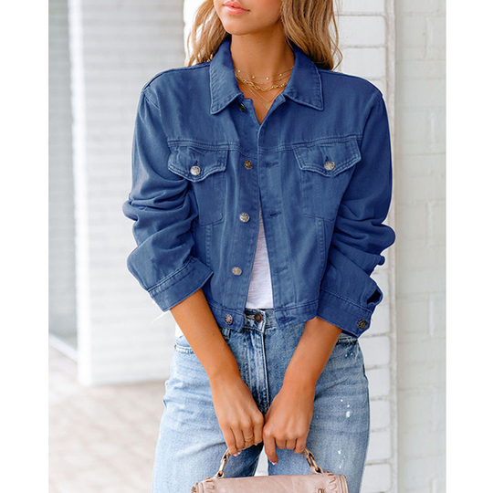 New cotton blend solid denim jacket long sleeve top - Deep Blue, S