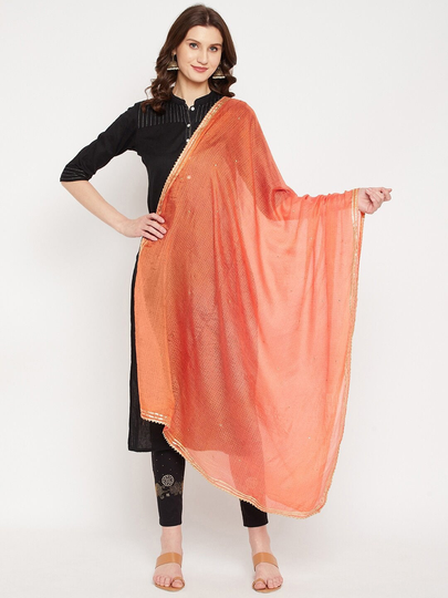 Women's Cotton Blend Orange & Gold-Toned Solid Dupatta Gotta Patti, Embellished Border Free Shipping