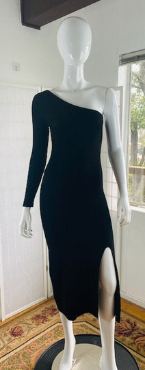Nwt, Sandro Black Ribbed Viscose Blend One Shoulder Sweater Dress, 36