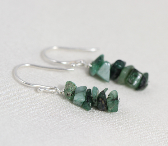 Raw Gemstone Earrings, May Birthstone Jewelry, Dainty Drops, Natural Emerald Custom Jewelry in Sterling Silver, Gold