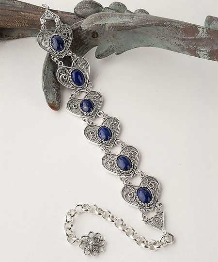 Genuine Blue Lapis Lazuli Gemstones 925 Sterling Silver Adjustable Handmade Artisan Crafted Filigree Hearts Bracelet Women Jewelry Gift Box