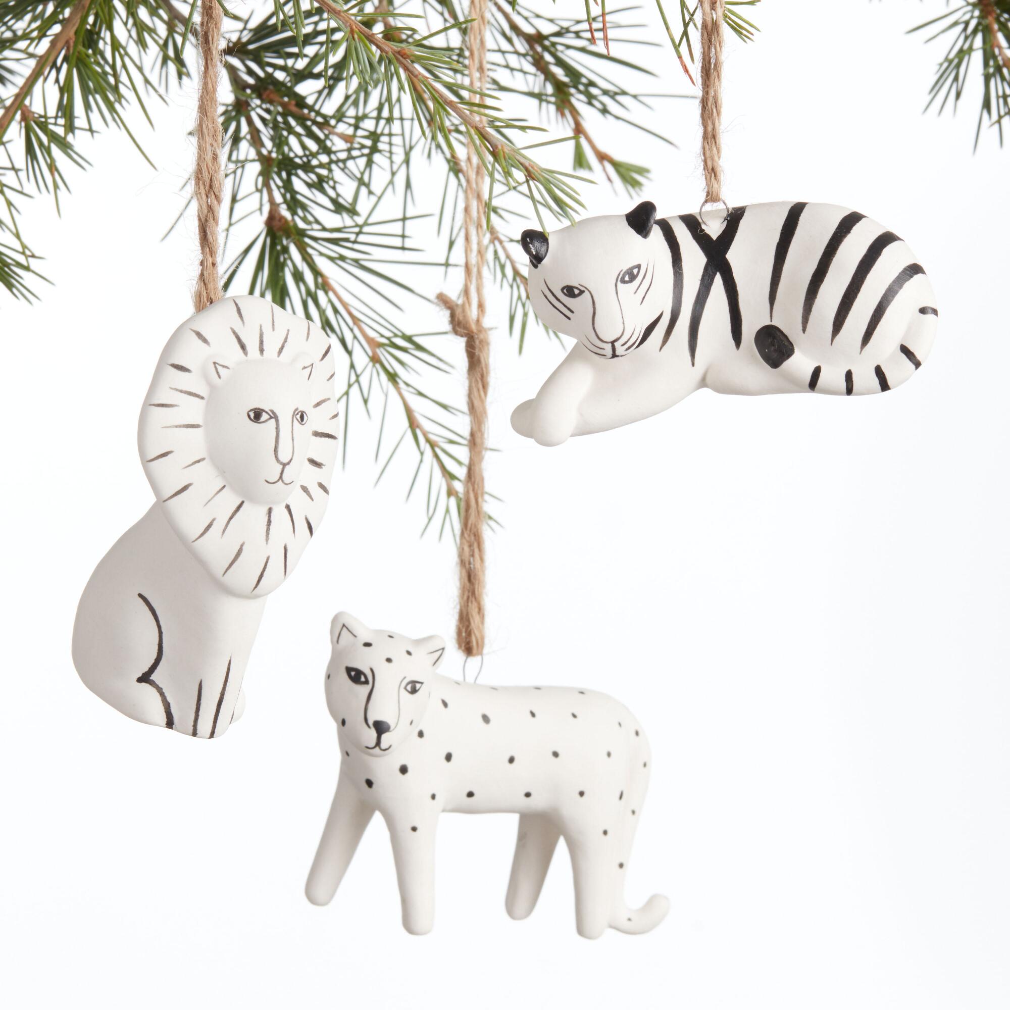 Ivory and Black Ceramic Wild Animal Ornaments Set of 3: White by World Market