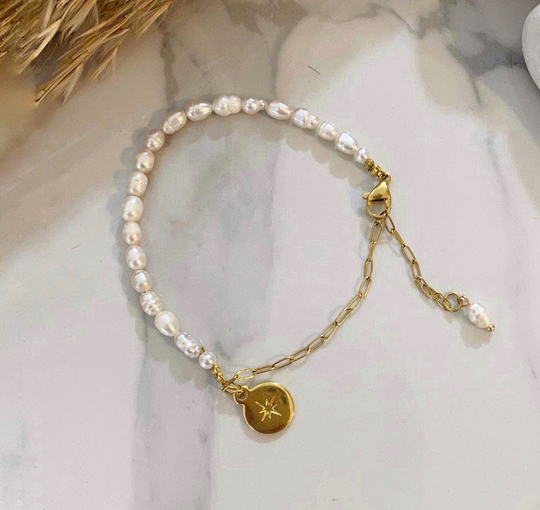 Pearl Chain Bracelet, Half Half Pearl Coin Charm Gold Bracelet