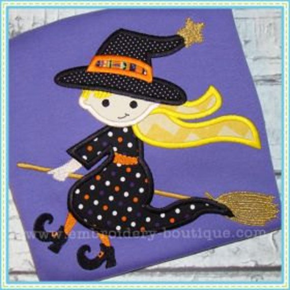 Personalized Halloween Witch On Broom Stick Applique Shirt Or Bodysuit For Boy Girl