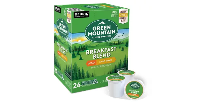 Green Mountain Coffee Roasters Breakfast Blend Decaf, Light Roast Coffee, 24 Ct