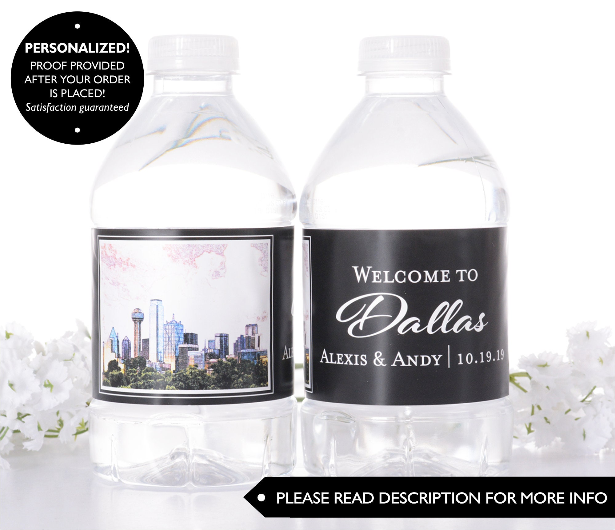 Dallas Skyline Water Bottle Labels - Waterproof Wedding Cityscape Stickers Bottled Label
