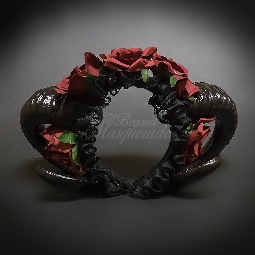 Flower Ram Horns Headband Masquerade Mask, Hair Decor Costume Handband, Black/Floral/Burgundy