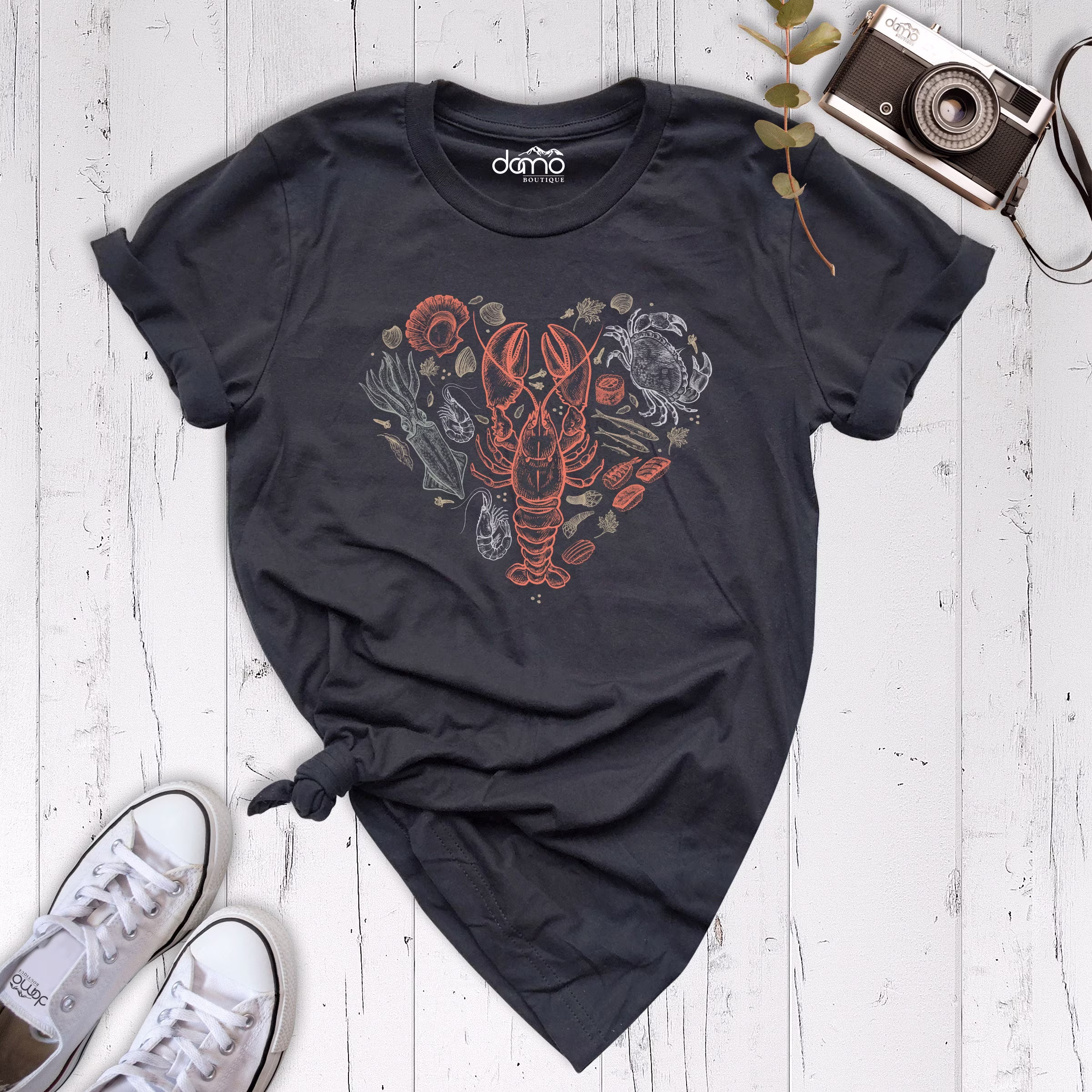 Lobster Shirt, Seafood Heart Shrimp Crab Fishing Fish Lover Gift Tee, Marina Fisherman Coral T-Shirt