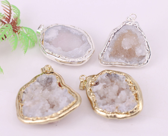 Hot 4-10Pcs Gold & Silver Plated White Color Nature Quartz Druzy Geode Pendant, Drusy Crystal Gem Stone Connector Beads, Jewelry Findings