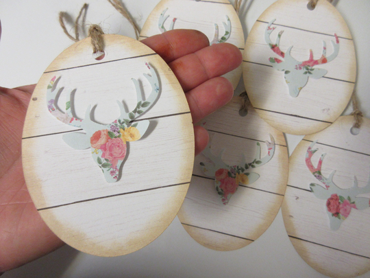 6 Large Rustic, White Wood, Floral Deer Head Tags-Deer Tags-Rustic Gift Tags