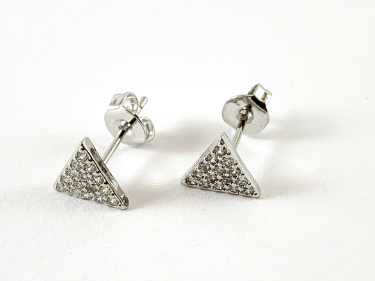 Real 18K Gold/Platinum Plated Pave Triangle Earring Stud Over Copper