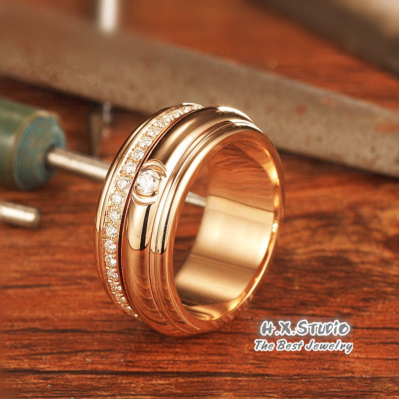 Diamond Spinning Wedding Ring in Solid 18K Gold/2 Layers Spinner Wide Band/Layered Rotating Eternity Ring/Custom Jewelry