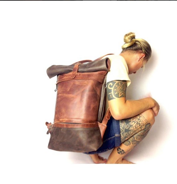 Brown Roll Top Backpack, Leather Men Backpack For Travel