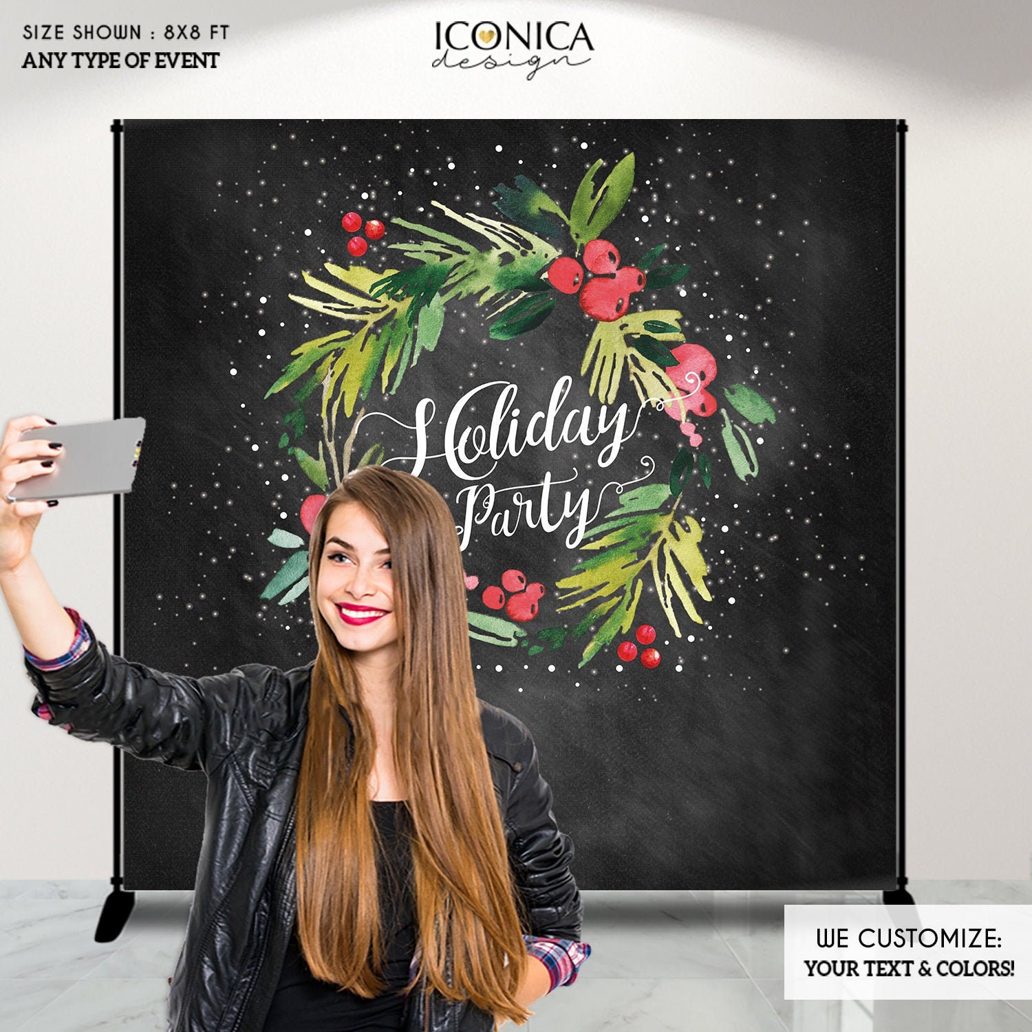 Christmas Party Backdrop, Holiday Photo Booth Backdrop, Festive Chalky Holiday Banner, Wreath Banner Decorations Bho0032