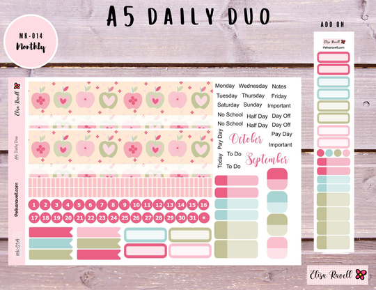 A5 Daily Duo Monthly View, September Kit, Planner Stickers, Ecdd, Pink Apples October Variable Month, Kit 14
