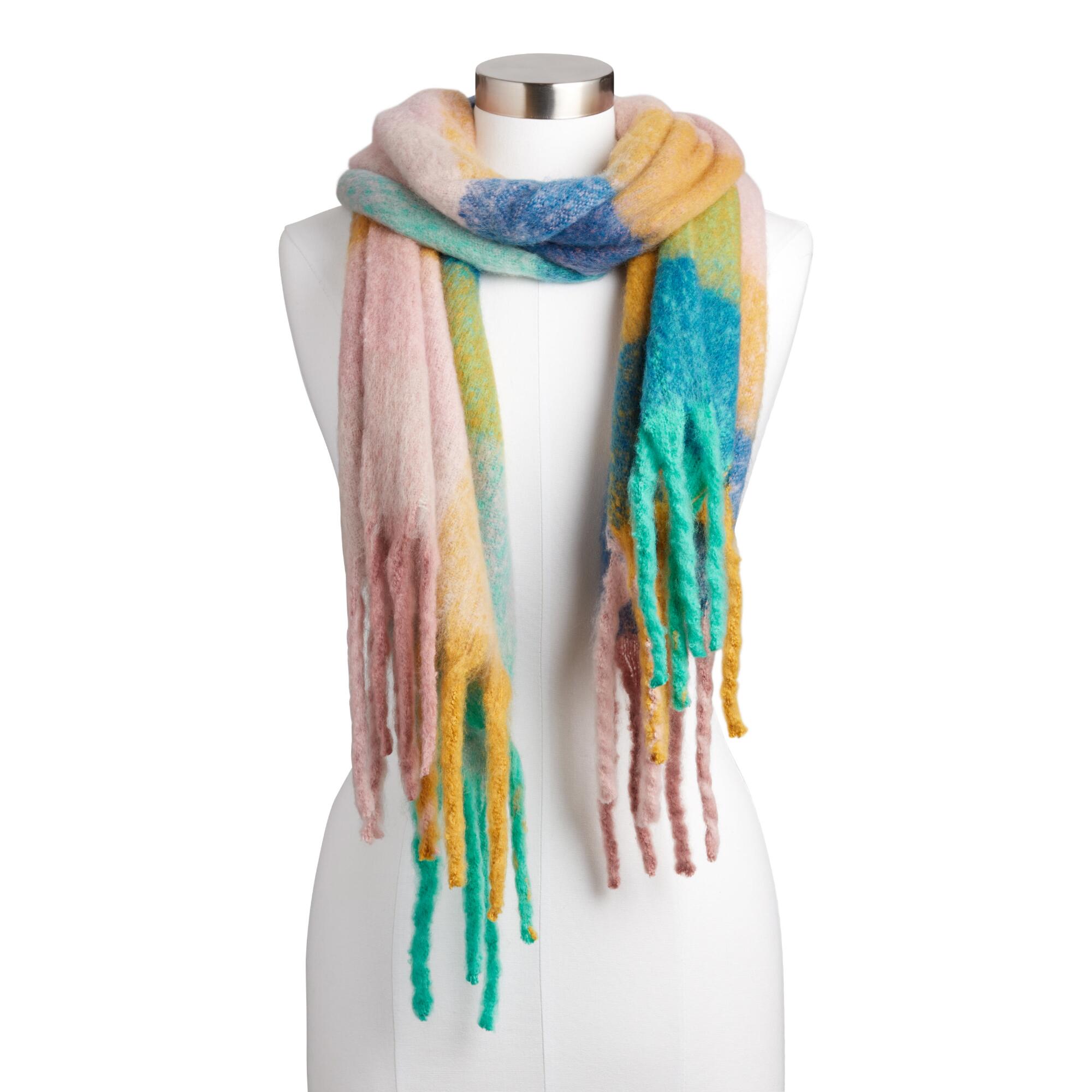 Teal, Blush And Yellow Plaid Brushed Scarf: Multi - Polyester by World Market