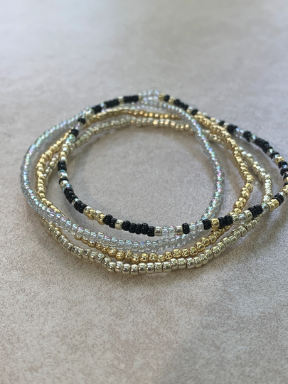 11/0 Set Of 4 Girls Best Friend Japanese Stretch Tiny Seed Bead Bracelet Set, Diamond Tone, Silver, Soft Gold, & Black Tone
