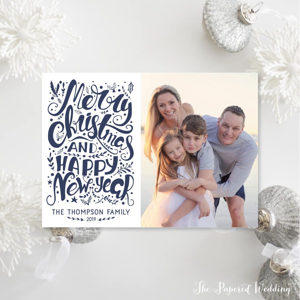 Printable Or Printed Photo Christmas Cards - Merry & Happy New Year Hand-Lettered Holiday 023 P1