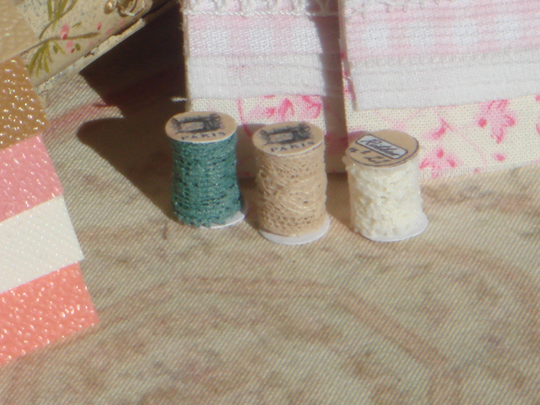 Dollhouse Miniature Antique Three Quality Lace Spools. 112 Dollhouse Miniature Sewing. Haberdashery For Collectors