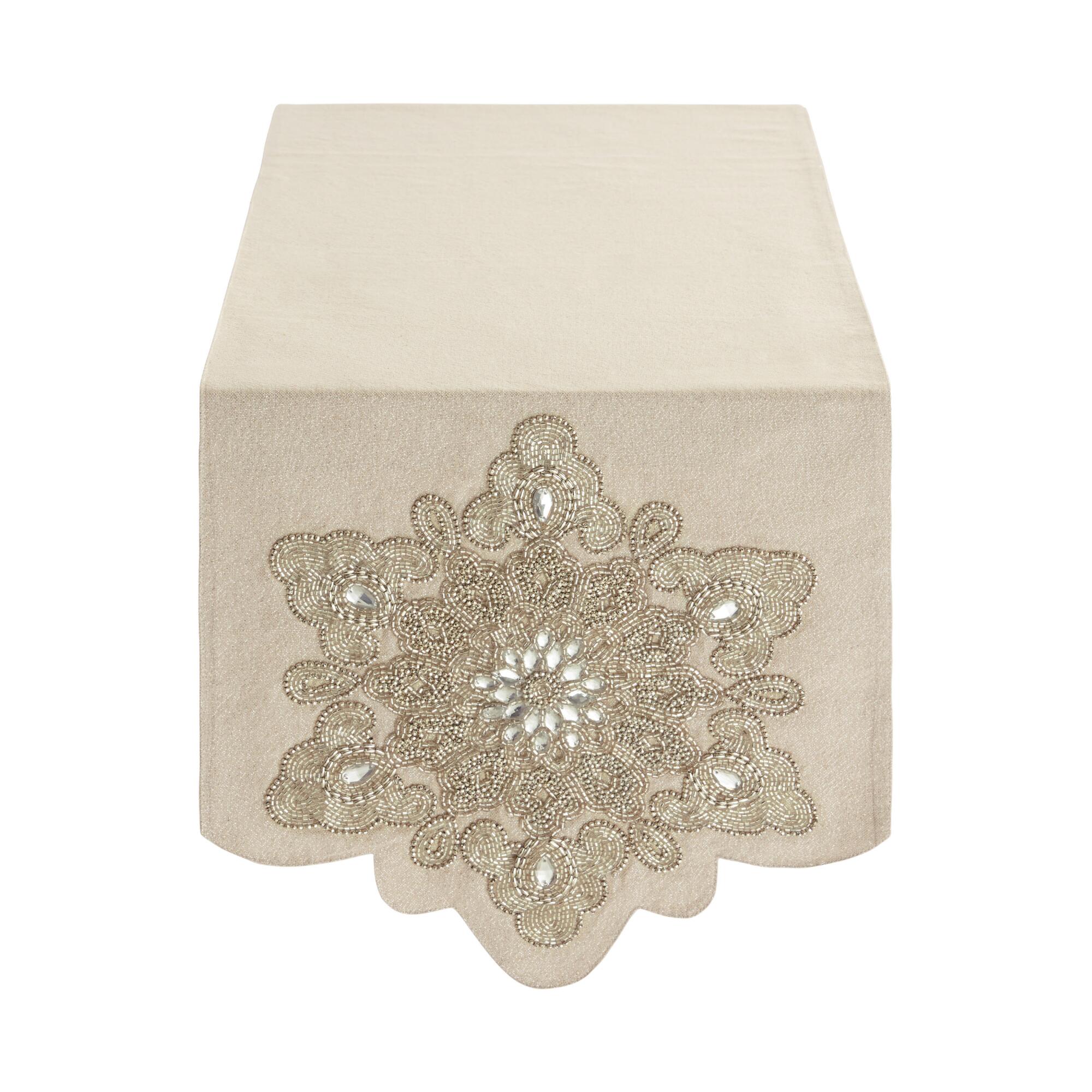 Pier Place White and Silver Beaded Snowflake Table Runner - Cotton by World Market