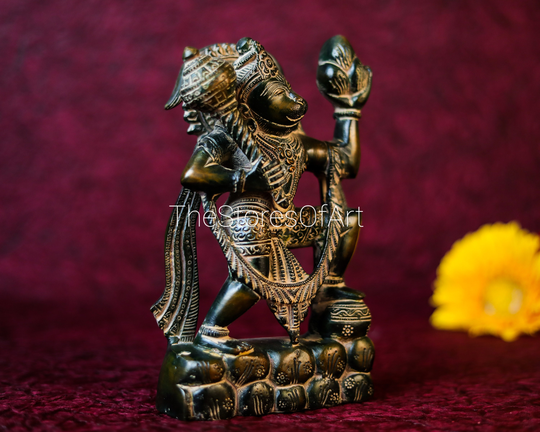 Standing Hanuman Statue Brass 10Inch Antic Black Finish, Bajrangbali Murti, God Of Strength, Flying Shape Ji, Ram Bhakt, Sculpture