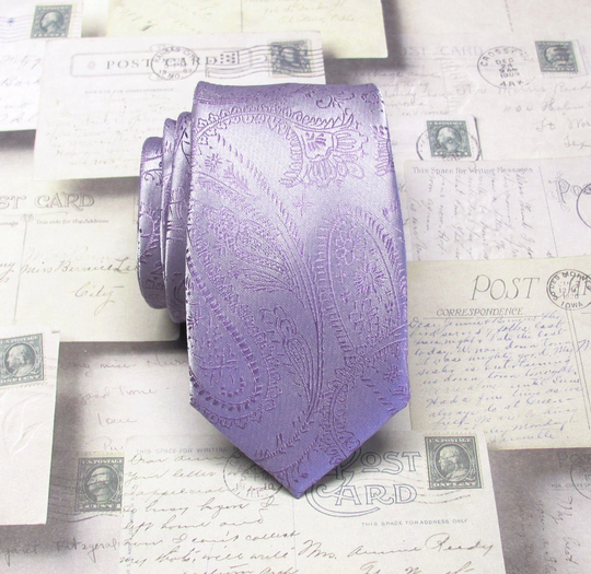 Skinny Tie. Men's Tie Lavender Paisley Mens Ties With Matching Pocket Square Option