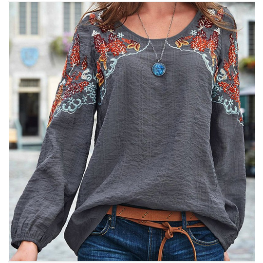 Long Sleeve Cotton-Blend Crew Neck Plain Tops - Deep Gray, S