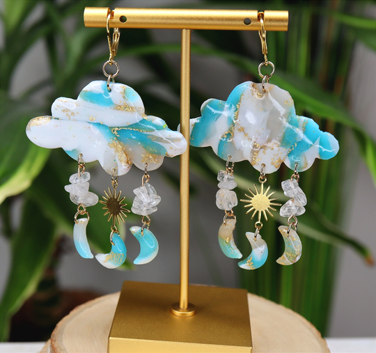 Celestial Cloud Dangle Earrings/Marble Drop Earrings/Cloud Clay Earrings/statement Jewelry/Cloud With Sun & Moon