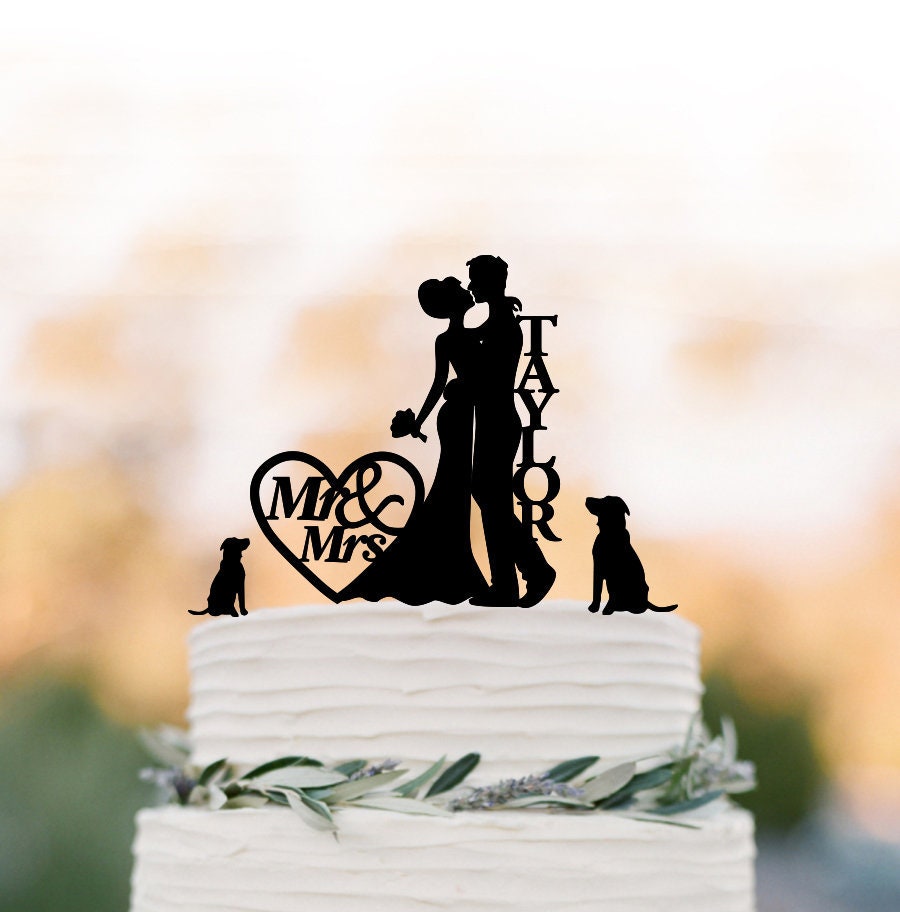 Personalized Wedding Cake Topper With 2 Dogs, Mr & Mrs, Bride Groom Silhouette , Custom Name Cake For Wedding