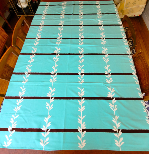America's Pride Tablecloth With White Leaves & Vines, Brown/Black Stripes On Turquoise Blue Rayon Cotton Blend 62" X 54" By Wilendur Vg Cond