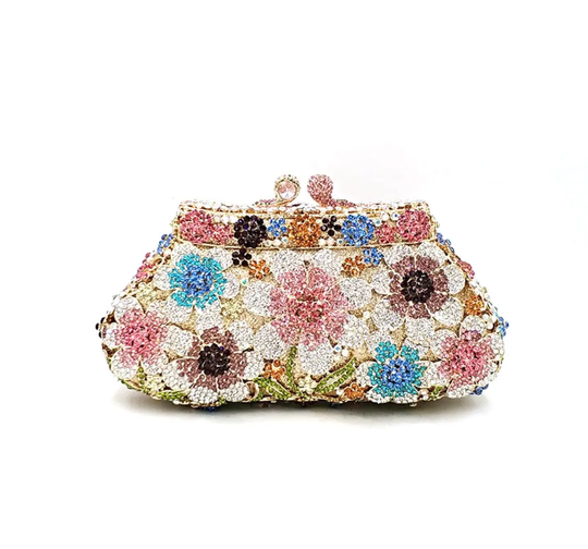 Bridal Wedding Clutch, Multicolored Crystal Rhinestone Floral Party Crystal Evening Floral Clutch