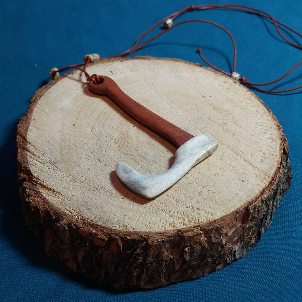 Axe Pendant, Carved Deer Antler, Cedar Wood, Larp, Cosplay, Magic, Wiccan, Magick, Pagan, Viking - Hand Made & in The Usa