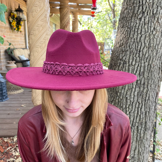 Fedora Burgundy Felt Wide Brim, Braided Macrame Look Hat Band With Beautiful Pendant